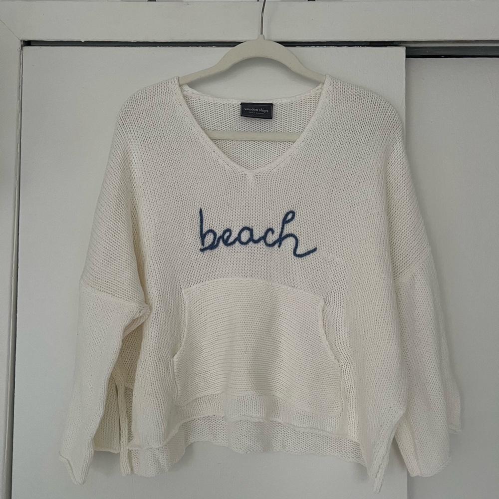 Wooden Ships Cream V-Neck Sweater with Blue 'Beach' Embroidery